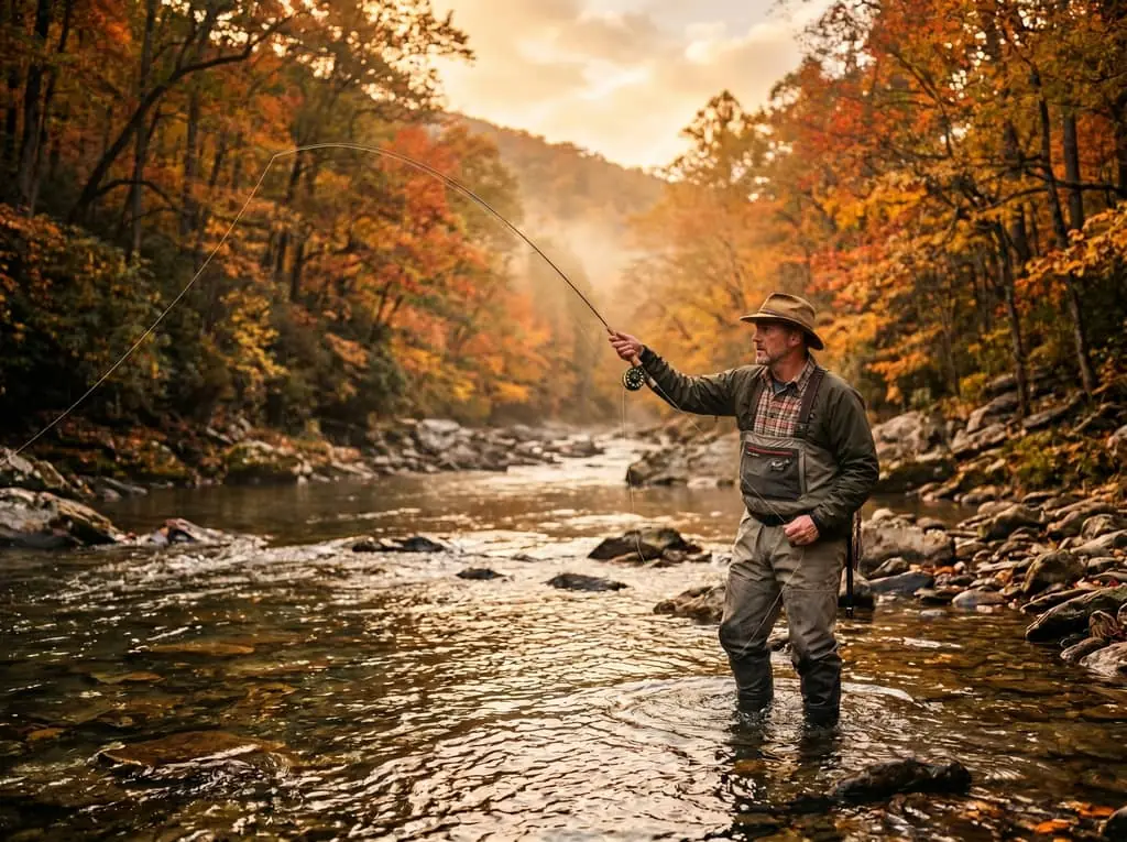 An angler in waders casting a fly rod while standing in a shallow, rocky river in autumn
