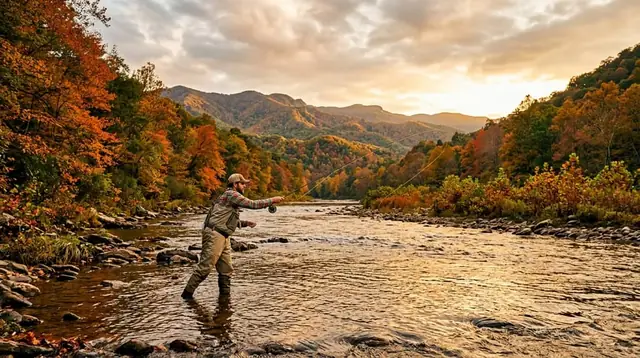 An angler wading a wide river under a cloudy evening sky in autumn