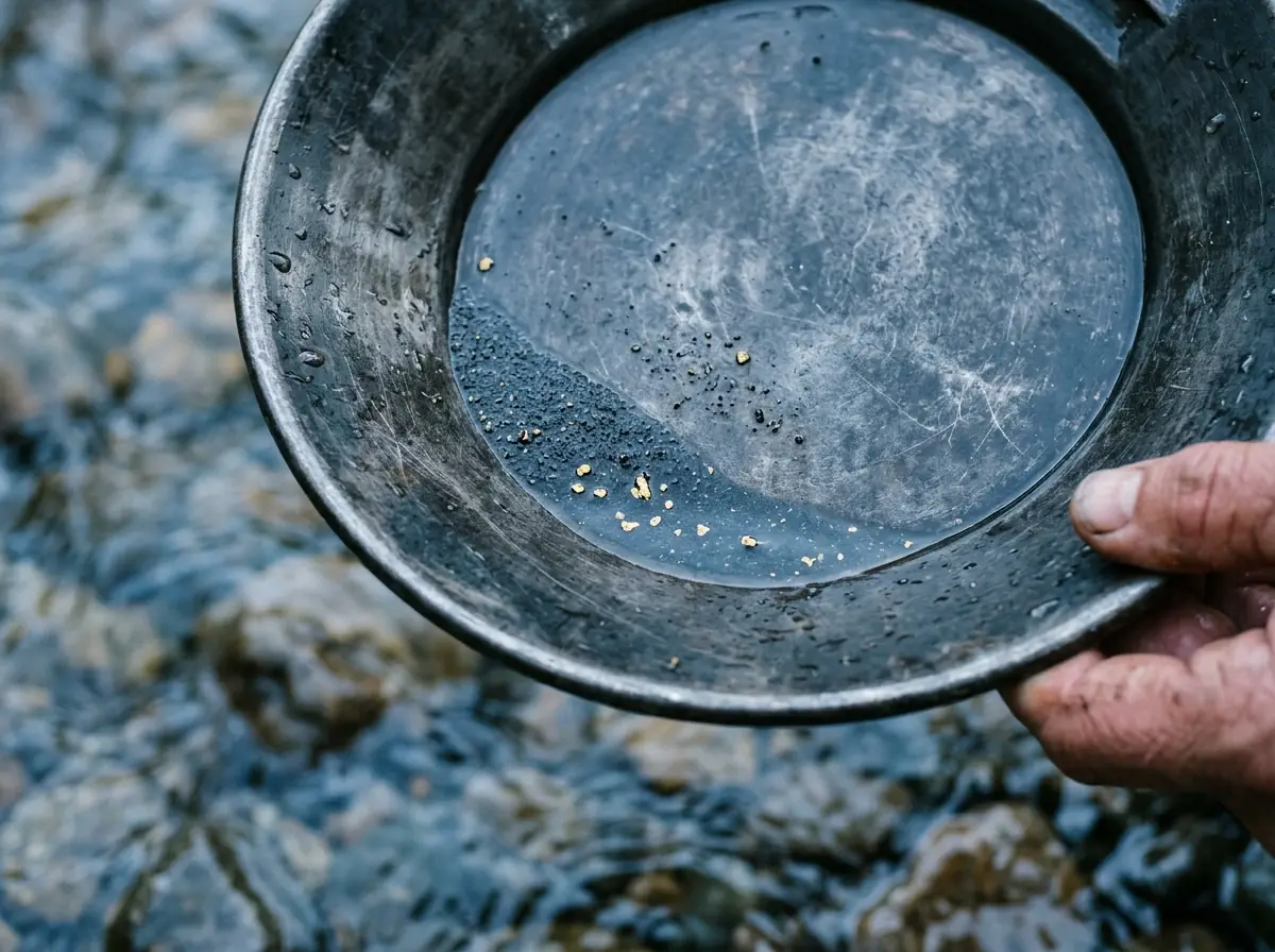A worn gold pan holding a line of black sand and a few tiny gold flecks, held over a stream
