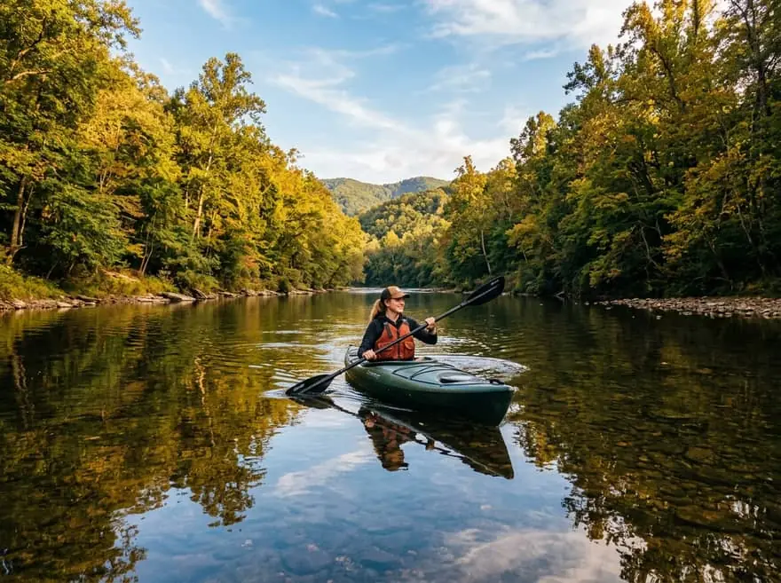 A kayaker paddling across calm water that reflects the wooded riverbanks