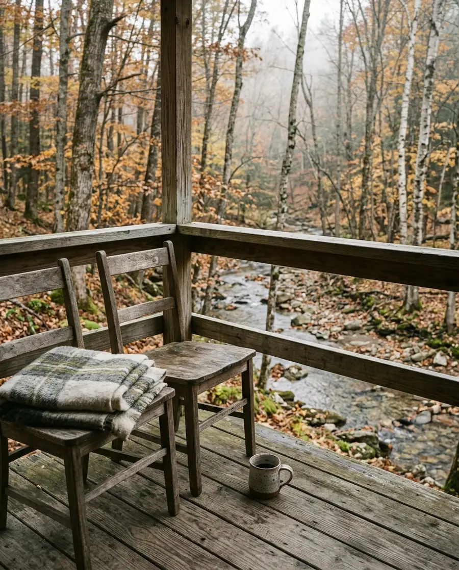 Two wooden chairs, a wool blanket and a coffee mug on a weathered porch above a small wooded stream