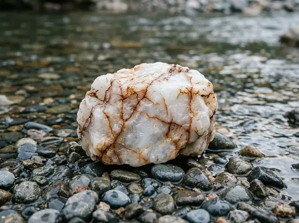 A chunk of white quartz with rust-colored veins resting on wet river gravel