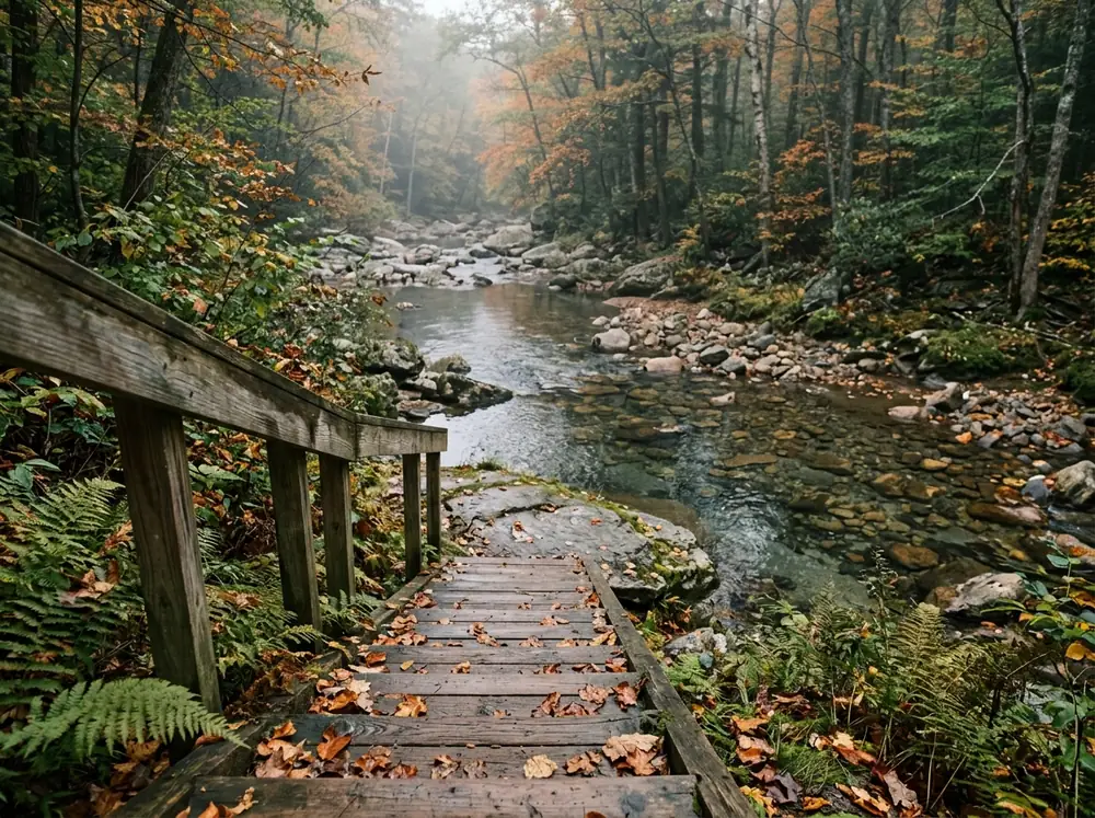 Weathered wooden steps leading down through ferns and fallen leaves to a clear, rocky stream
