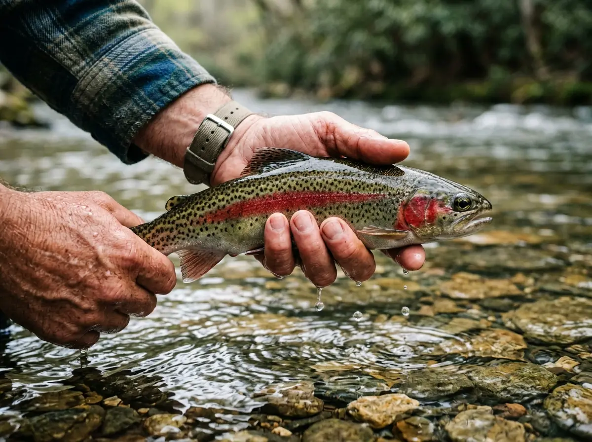 Hands holding a rainbow trout just above the water before release