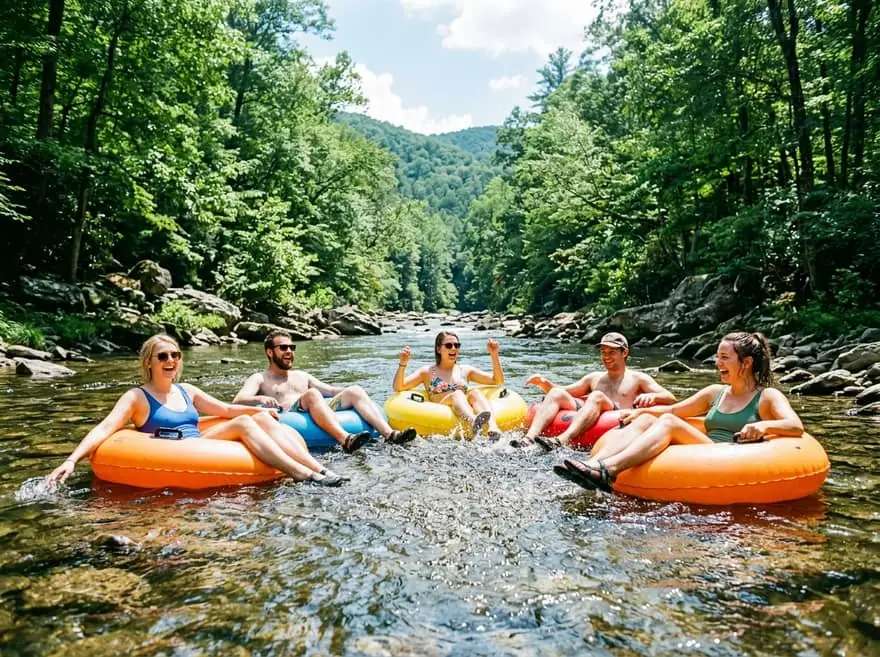 Friends floating on orange inner tubes down a clear, shallow river surrounded by summer forest
