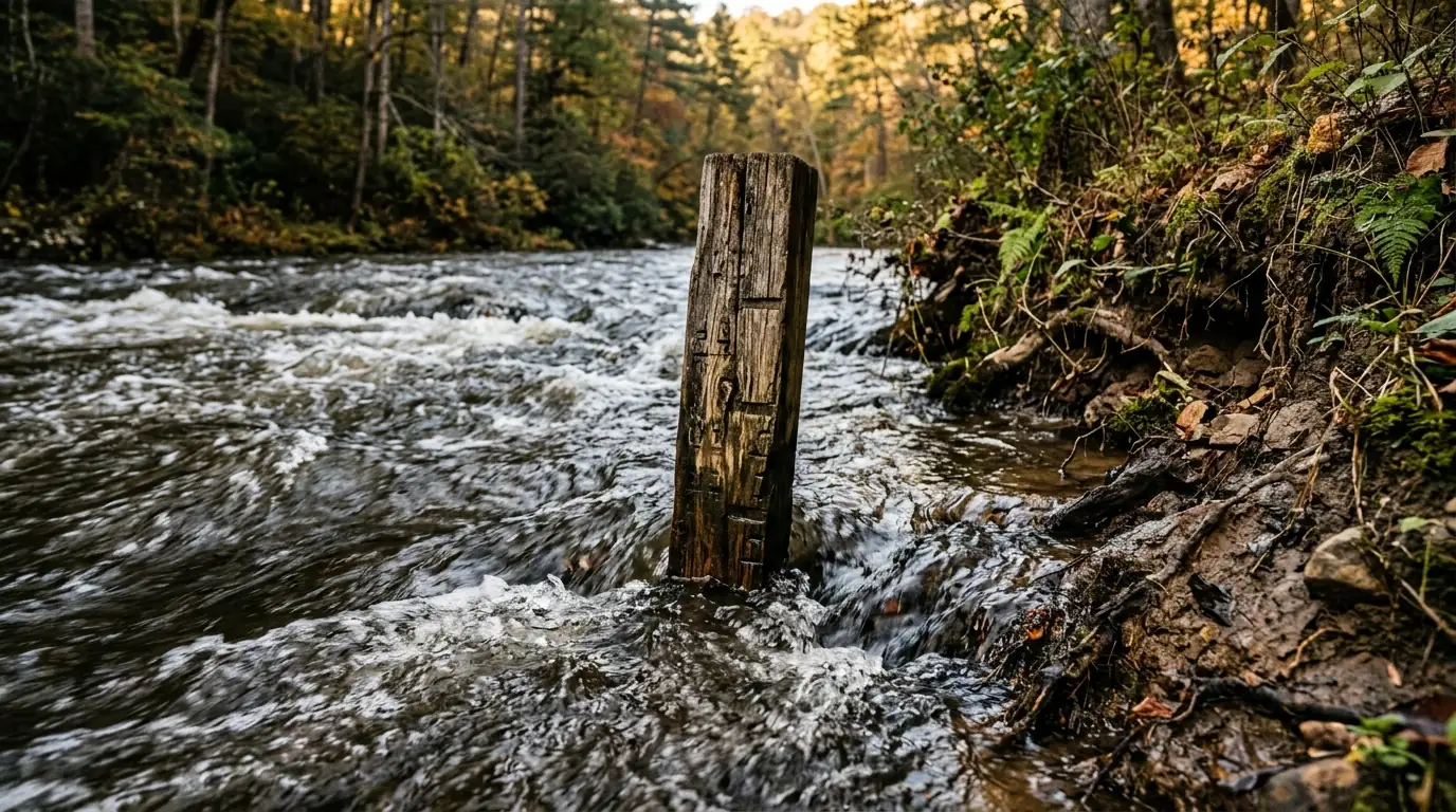 A close-up of fast-flowing river water rushing past a partially submerged wooden water-level gauge alongside muddy, eroded riverbanks