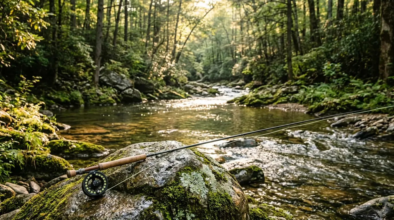 Morning sunlight filters through forest canopy onto a clear river bend, where a fly rod rests on a mossy boulder