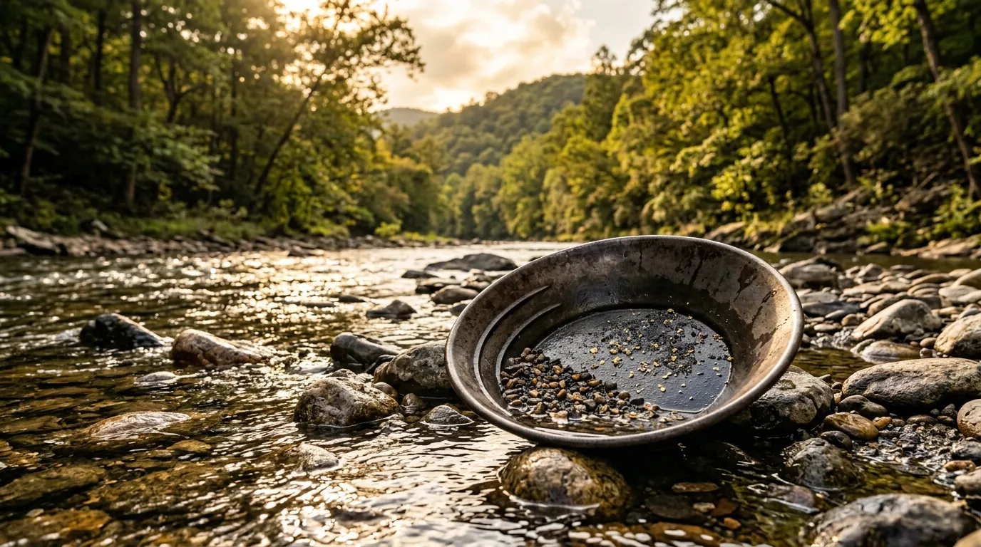 Sunlight reflects off a shallow, tree-lined river where a classic gold pan rests on smooth stones, displaying wet sediment and glittering gold specks