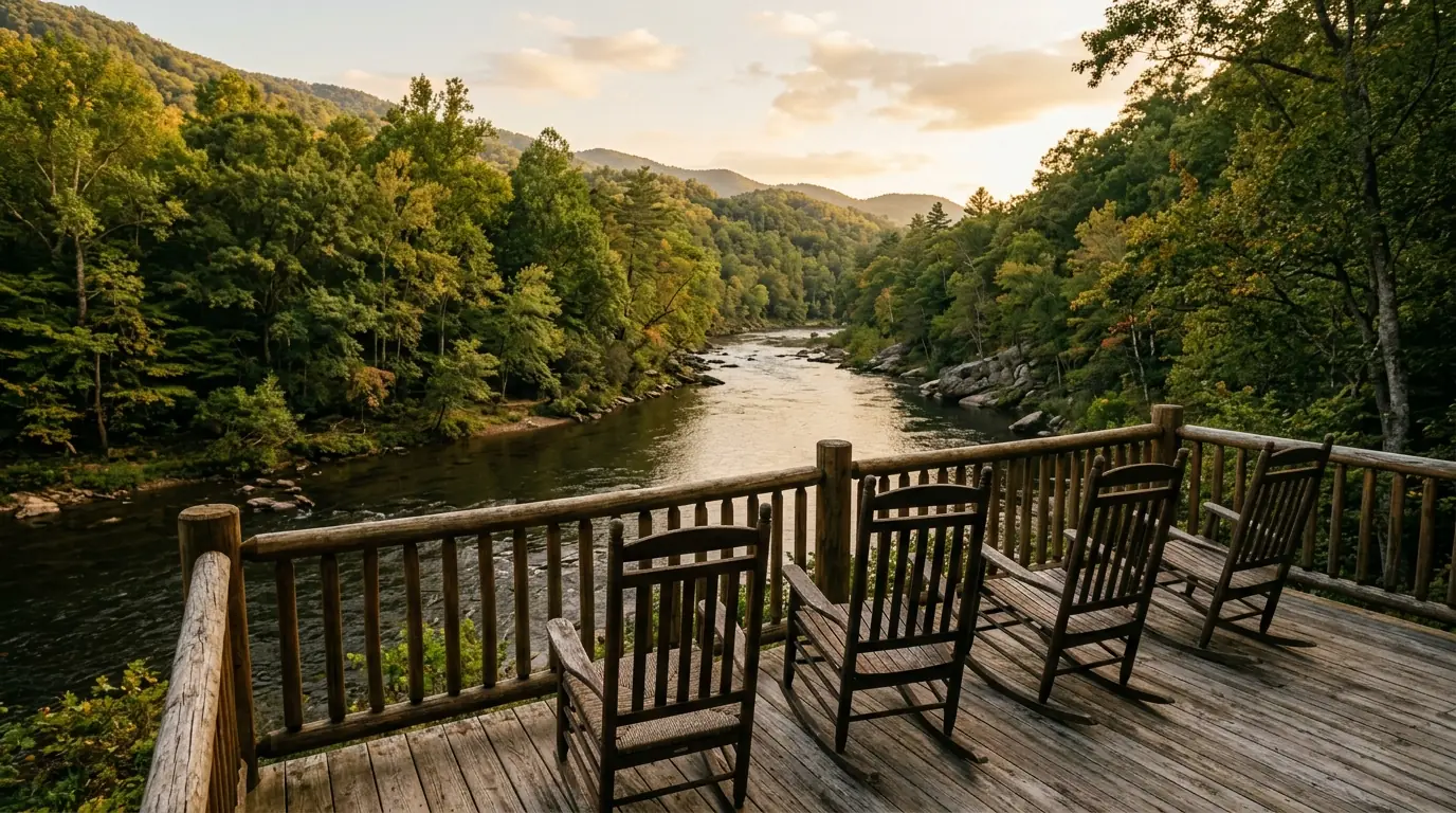 A wooden back deck with empty rocking chairs overlooking a gently flowing river framed by lush, forested banks
