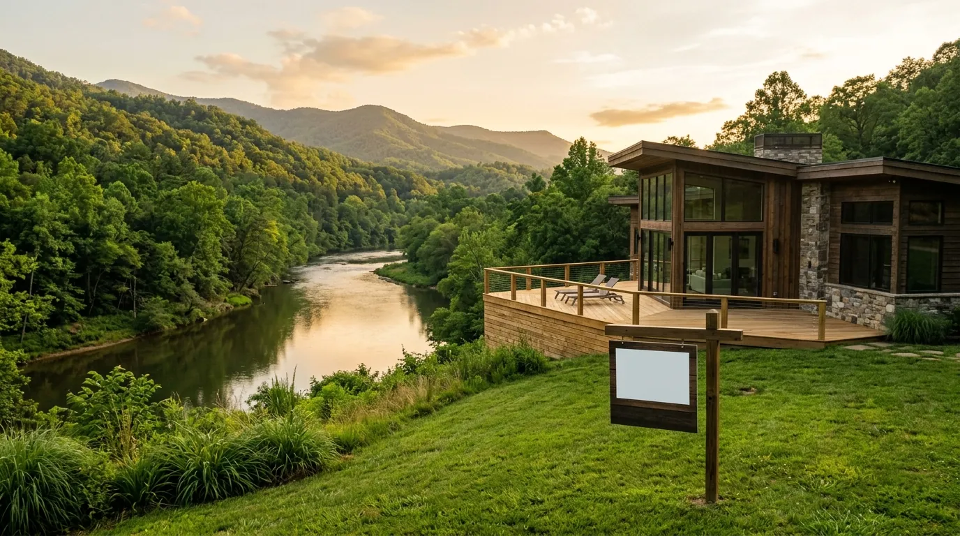 A modern house with a wooden deck overlooks a tranquil river, featuring a blank real-estate sign posted on the lush green lawn
