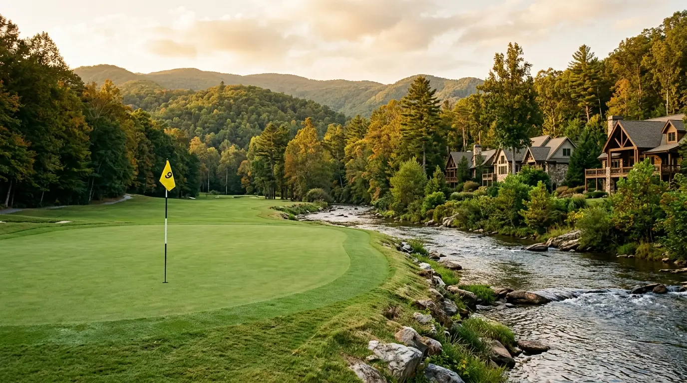 A manicured golf green with a flagstick beside a gently flowing river, bordered by lush trees and elegant homes in the background