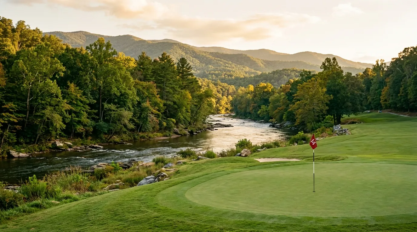 A manicured golf green with a flag pin borders a natural, forested riverbank where a quiet, scenic river gently flows past