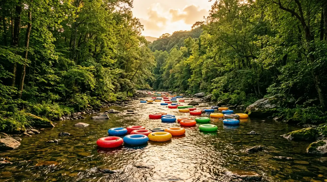 Empty colorful inner tubes float along a shallow, sun-dappled river framed by lush green trees and smooth river rocks