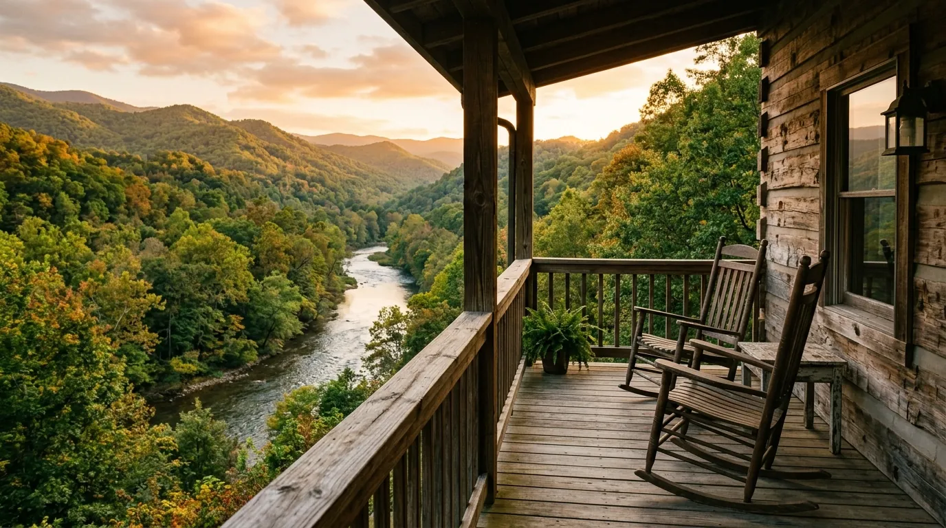 A sunlit wooden cabin porch with empty rocking chairs overlooks a winding, clear river framed by lush mountain foliage and forest trees