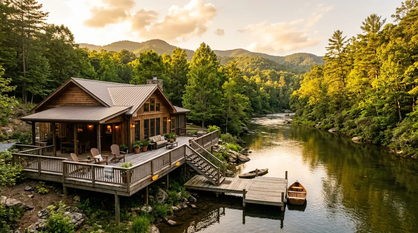 A quiet wooden riverfront home with a spacious back deck and private dock overlooking a sunlit, tree-lined river