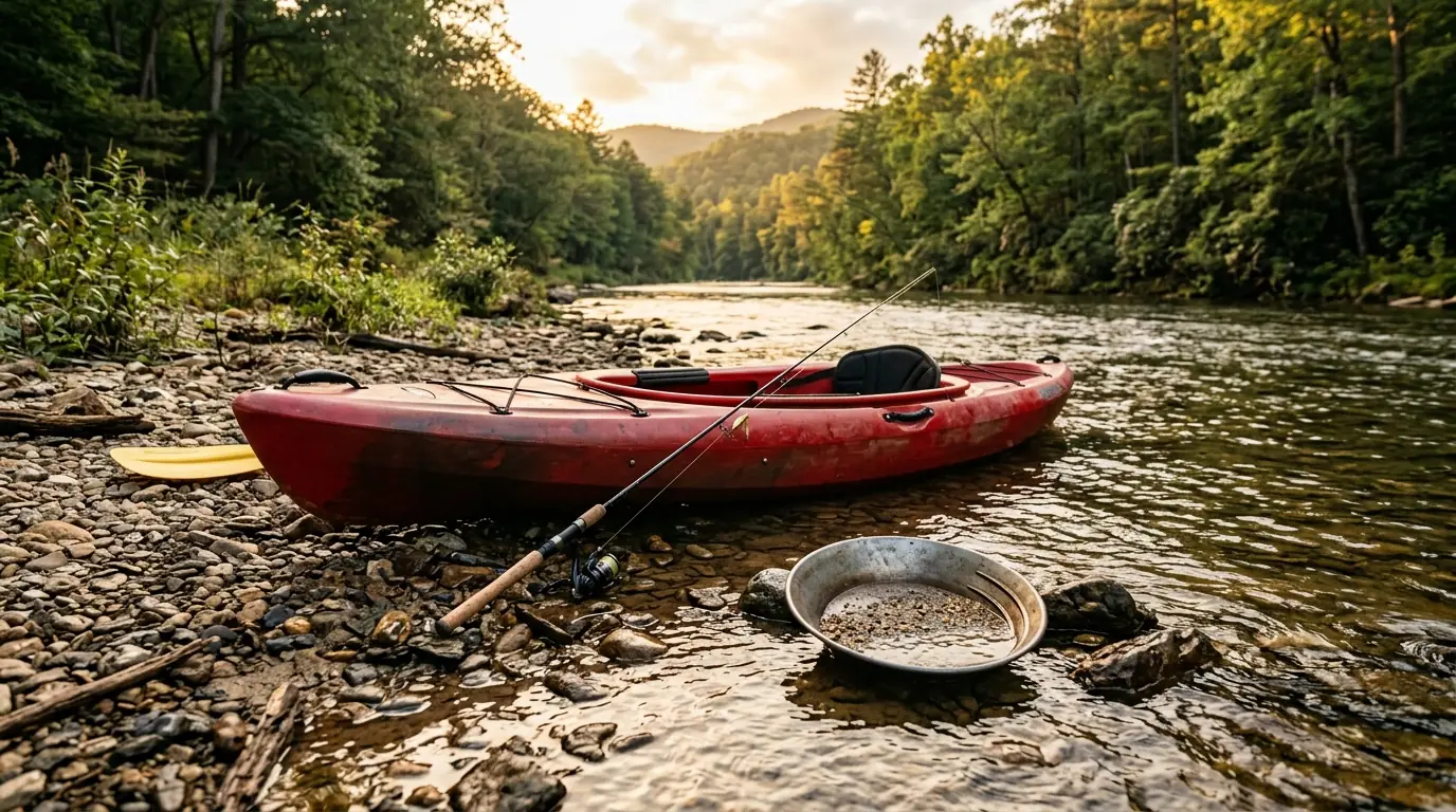 A kayak and fishing rod rest on a sunlit gravel riverbank beside a gold pan submerged in shallow, flowing water