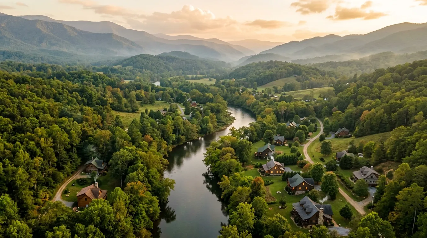 A winding river flowing through a lush green valley, with cozy residential homes nestled along the tree-lined banks beneath misty hills