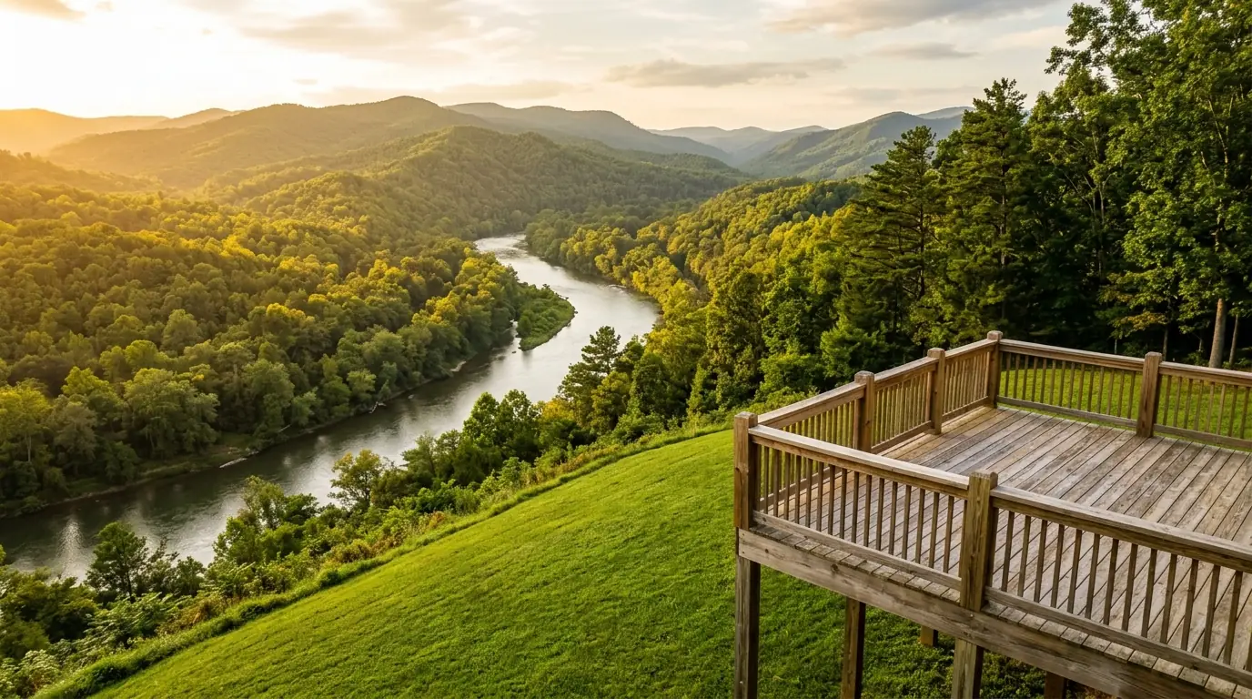 An elevated home deck looking out over a wide, winding river, with a green lawn sloping sharply down toward the water