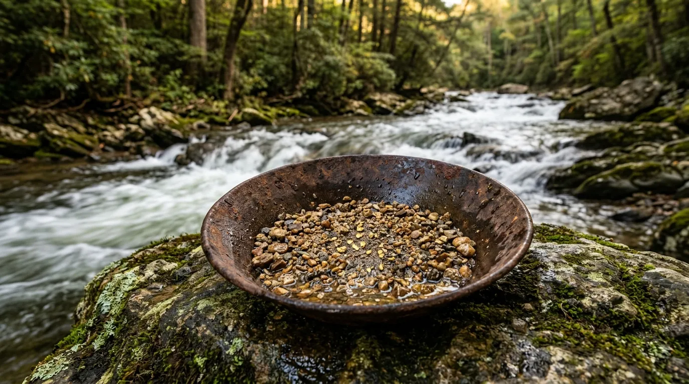 A rusted gold pan filled with wet river gravel and tiny golden flecks rests on a mossy rock beside a rushing forest river