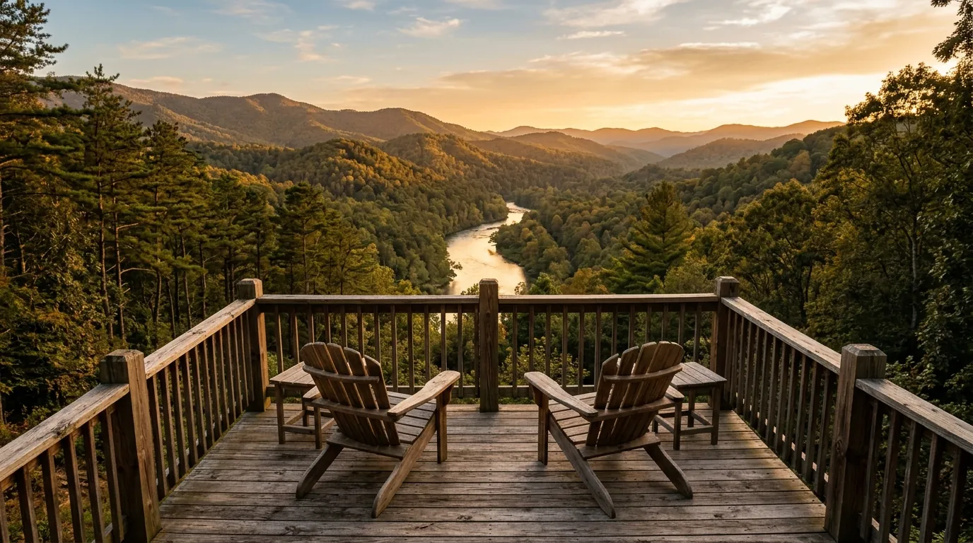 A wooden deck with empty Adirondack chairs overlooks a sunlit river winding through a dense pine and hardwood mountain forest