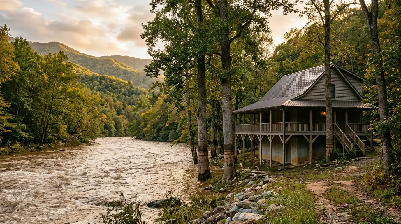 A residential house with an elevated foundation standing near a swollen river, with high-water stain marks visible on nearby tree trunks