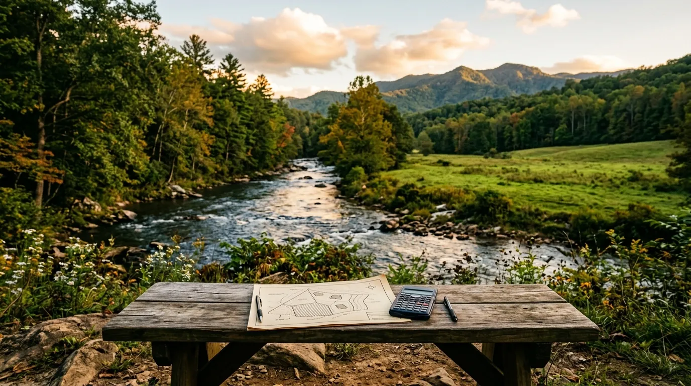 A generic site plan and calculator rest on a wooden bench beside a flowing river bordered by trees and vacant green land