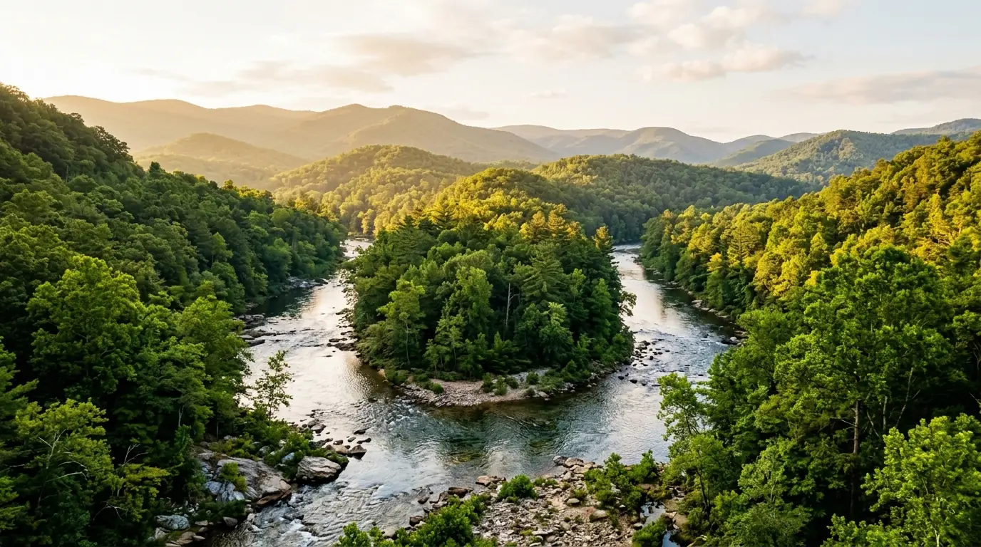 A clear, sunlit river curving gracefully through a forested valley framed by soft, rolling mountain ridges in the morning light