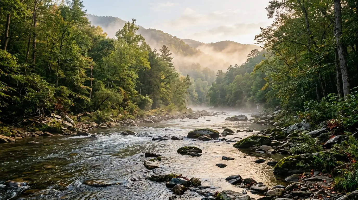 Morning fog lifting off a shallow rocky river with hardwood forest on both banks